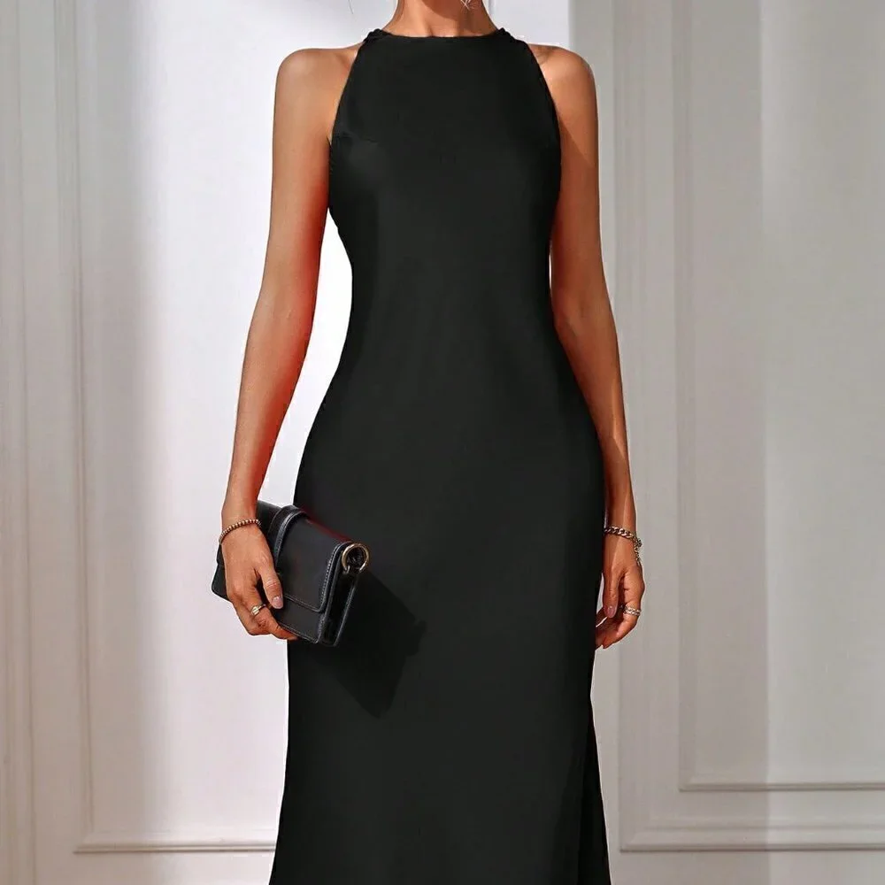 Black Preppy Womens Solid Split Thigh Dress - Picture 3 of 5